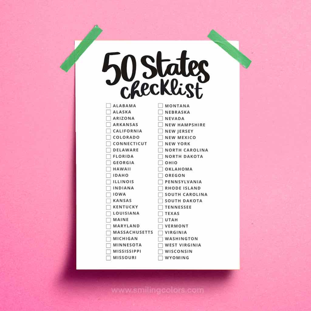 Printable 50 States Checklist - Smiling Colors regarding Free Printable List Of 50 States