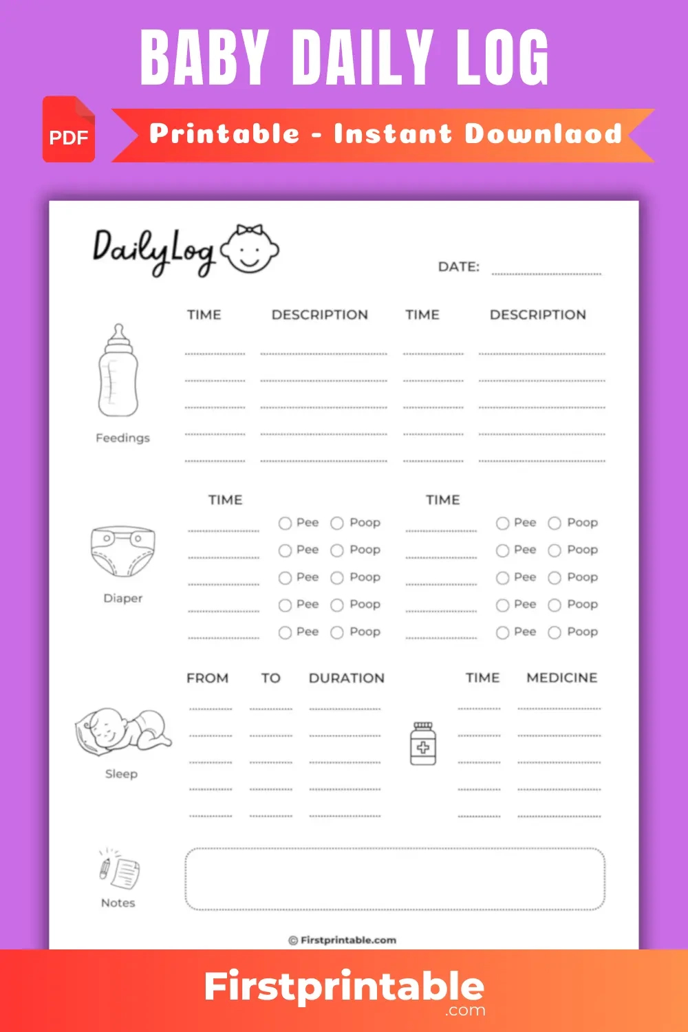 Printable Baby Feeding And Diaper Log [Pdf] intended for Free Printable Diaper Changing Log