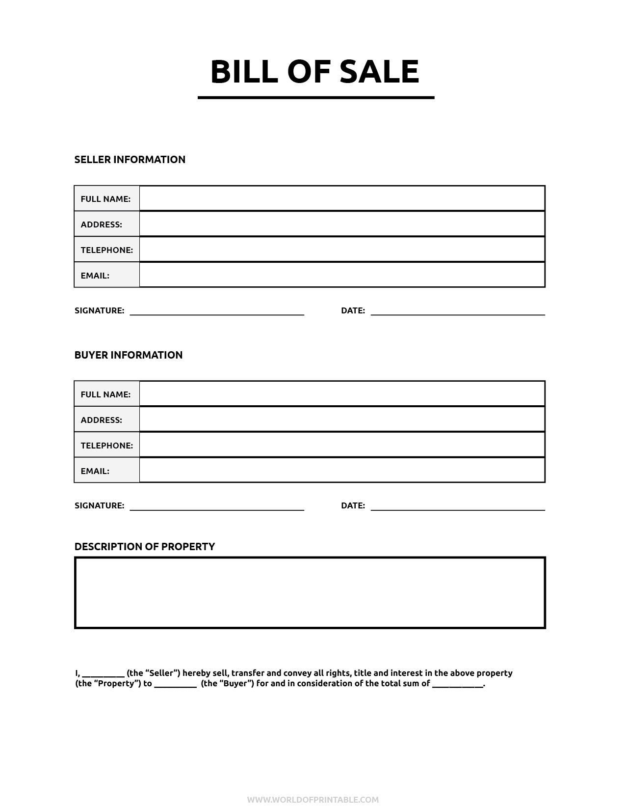 Printable Bill Of Sale - World Of Printables in Free Printable Bill Of Sale