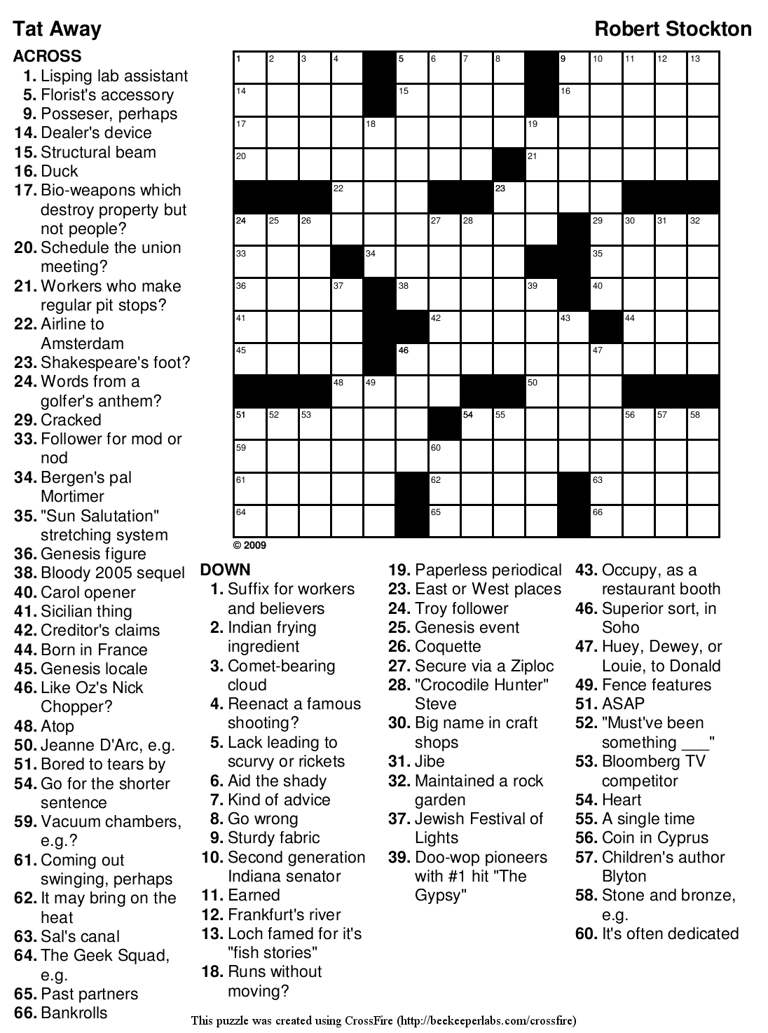 Printable Crossword Puzzle #127: &amp;quot;Tat Away&amp;quot; | Beekeeper Crosswords with regard to Free Printable Themed Crosswords