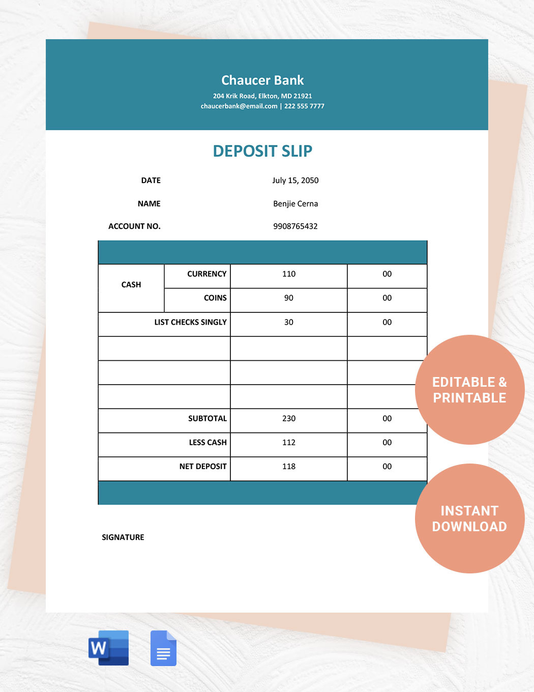 Printable Deposit Slip Template In Word, Google Docs - Download within Free Printable Blank Deposit Slips