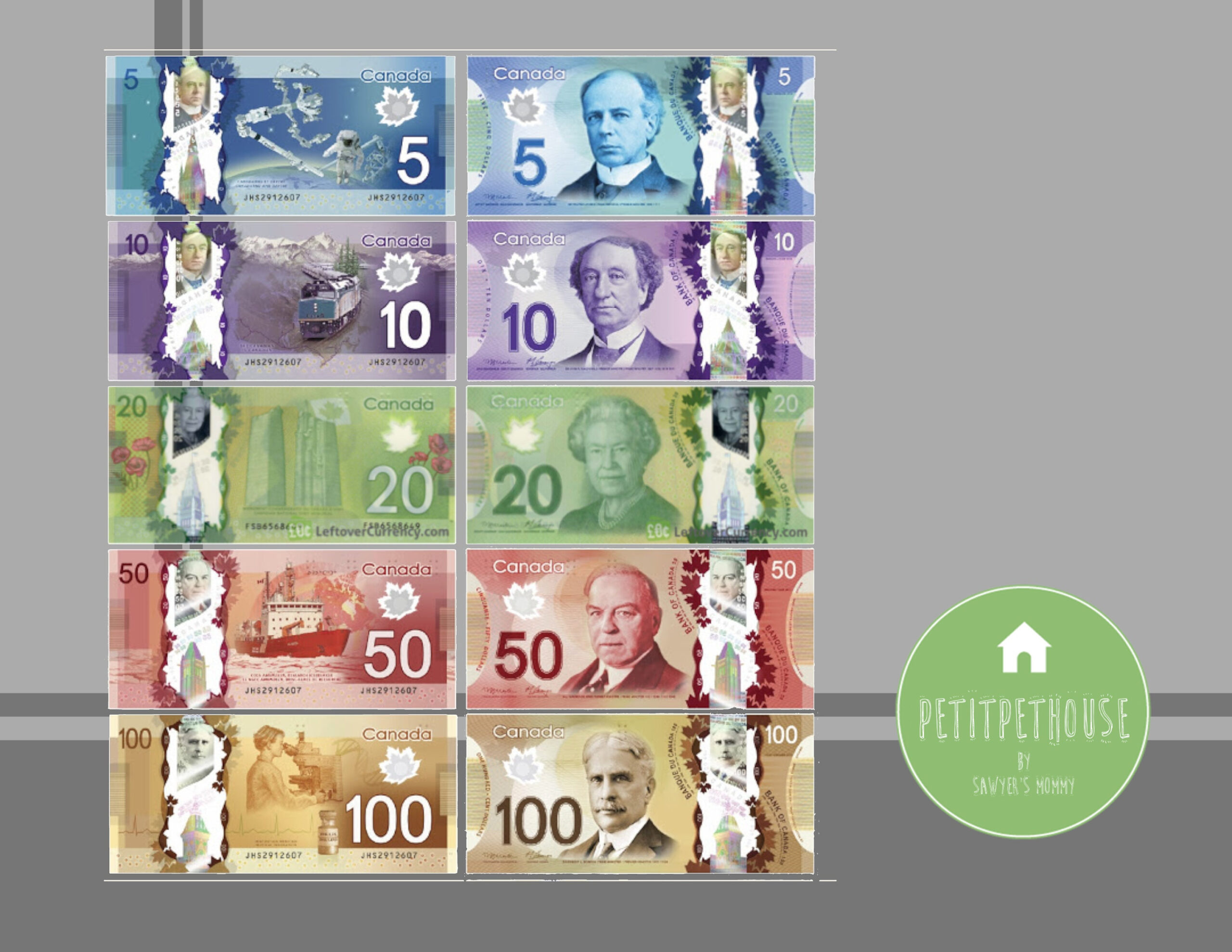 Printable Play Money For Kids Canadian Dollar Cad Money Double Sided Banknotes | Children Education Tool | Home School | Pretend Play | Diy for Canadian Play Money Printables Free
