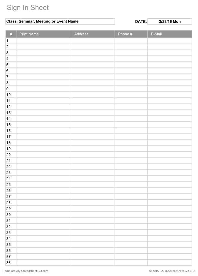 Printable Sign In Worksheets And Forms For Excel, Word And Pdf throughout Free Printable Sign in Sheet