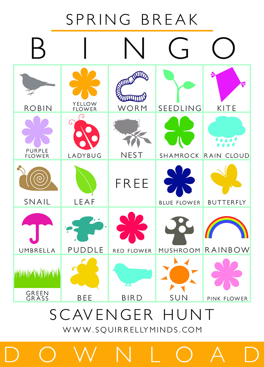 Printable Spring Break Bingo Scavenger Hunt Sheet - Squirrelly Minds throughout Spring Bingo Free Printable
