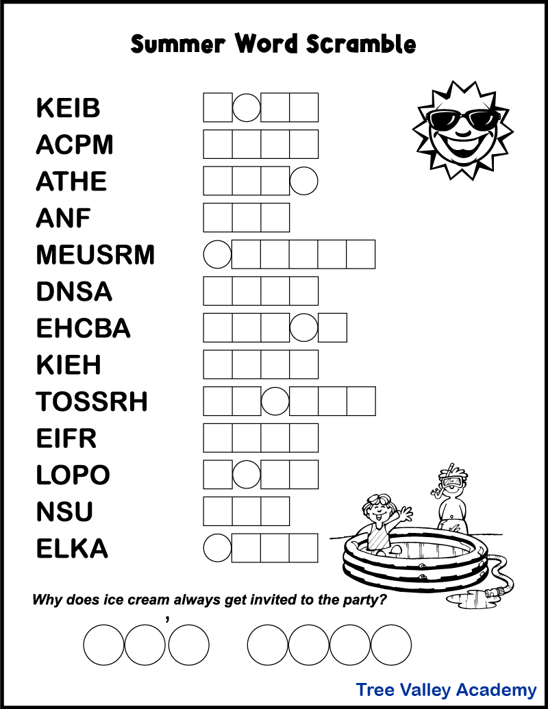 Printable Summer Word Scrambles For Kids - Tree Valley Academy within Free Printable Jumble Word Puzzles