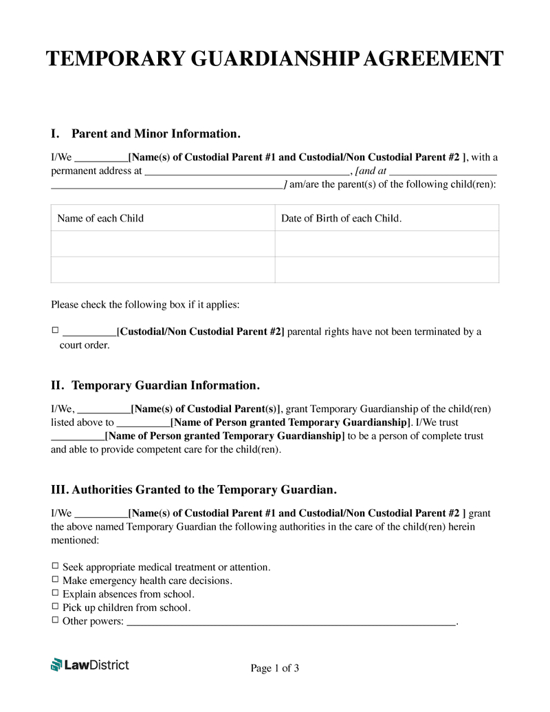Printable Temporary Guardianship Form | Free Pdf &amp;amp; Word | Lawdistrict intended for Free Temporary Guardianship Template