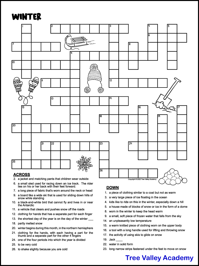 Printable Winter Crossword Puzzles For Kids - Tree Valley Academy with regard to Free Printable Crosswords Medium Difficulty