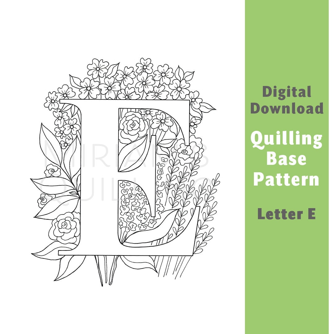 Quilling Typography Letter E Pattern: Floral Monogram (Digital for Free Printable Quilling Monogram Patterns