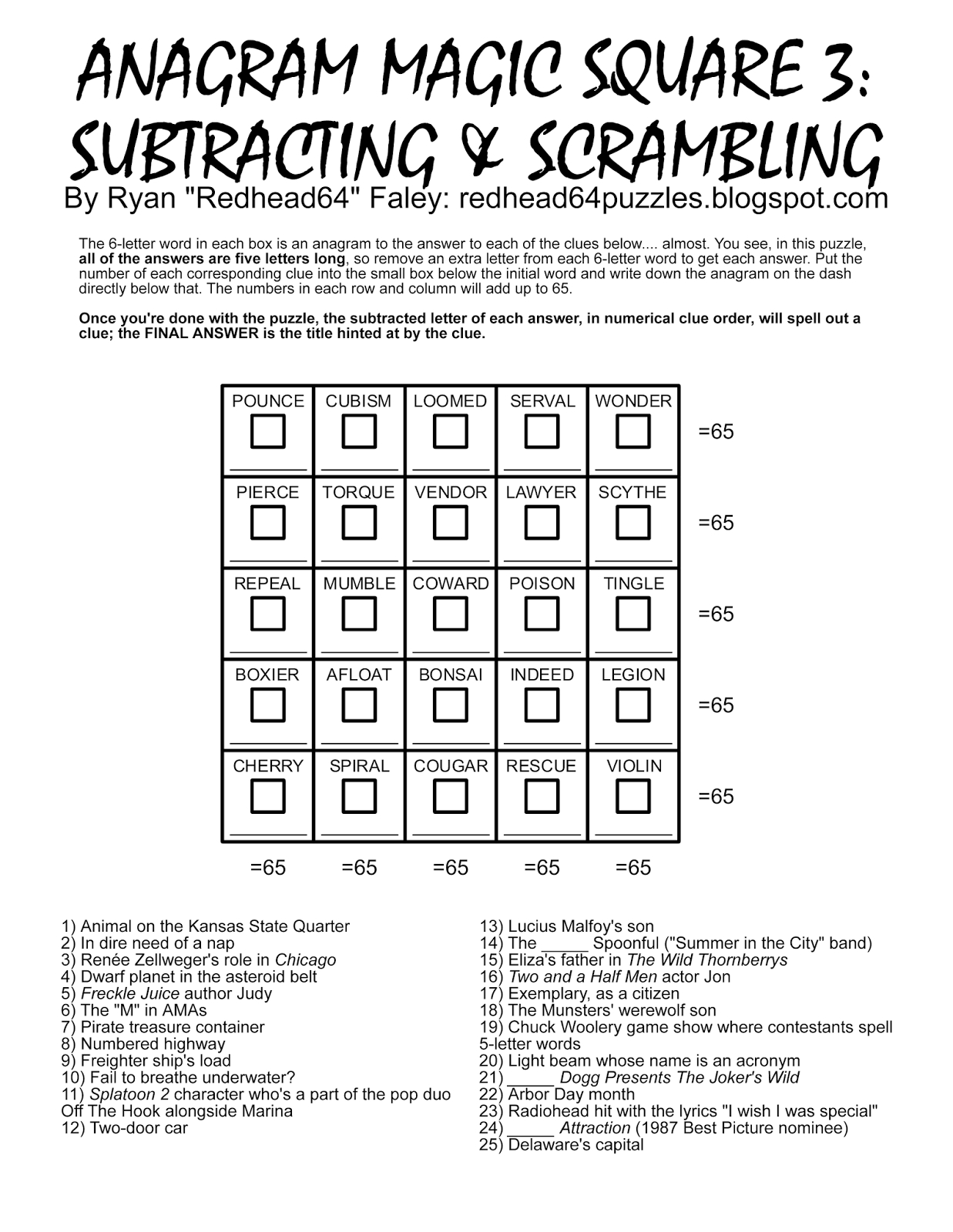 Redhead64&amp;#039;S Obscure Puzzle Blog!: Puzzle #166: Anagram Magic with Free Printable Anagram Magic Square