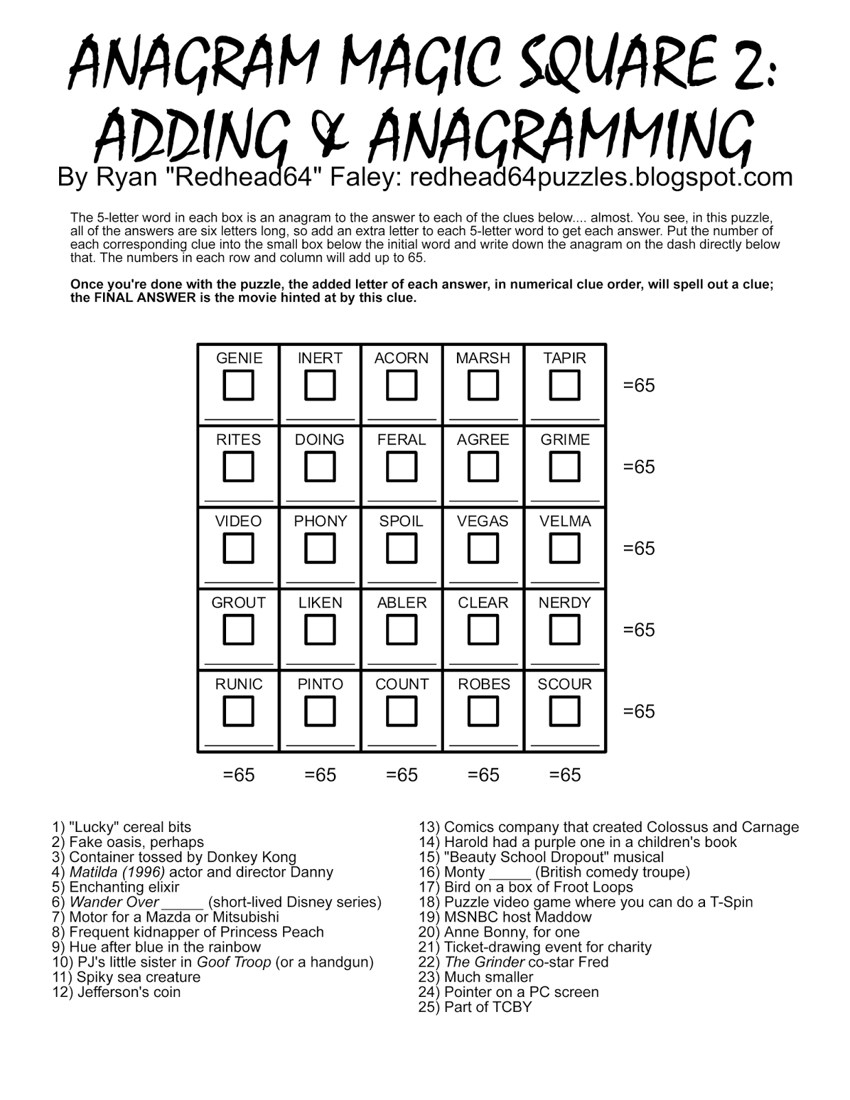 Redhead64&amp;#039;S Obscure Puzzle Blog!: Puzzle #93: Anagram Magic Square with regard to Printable Anagram Magic Square Puzzles