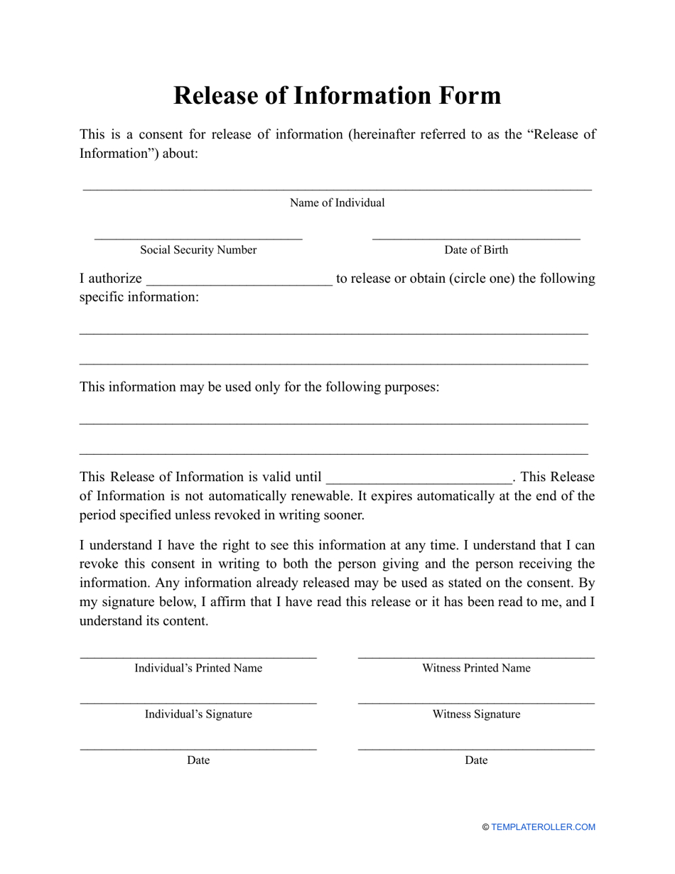 Release Of Information Form - Fill Out, Sign Online And Download in Free General Release Of Information Form Template Word