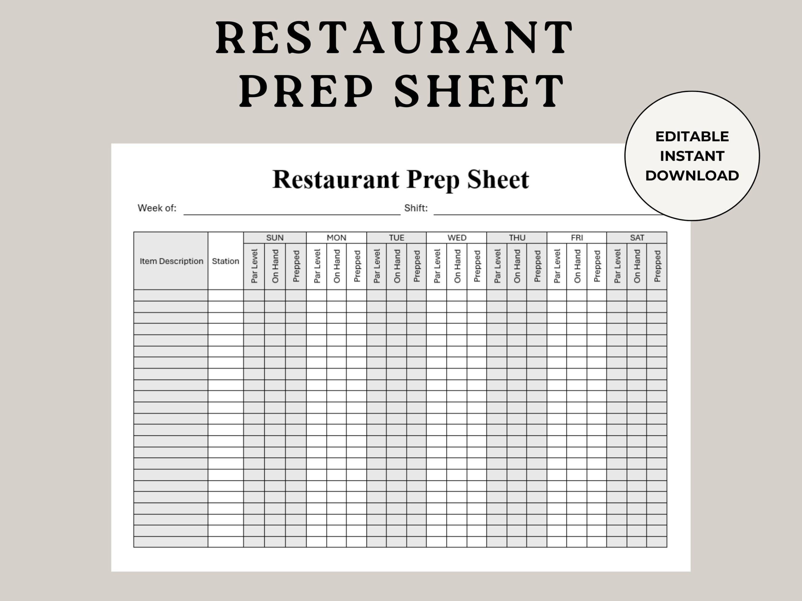 Restaurant Prep Sheet, Food Prep Chart, Food Prep Sheet in Restaurant Prep List Template Free