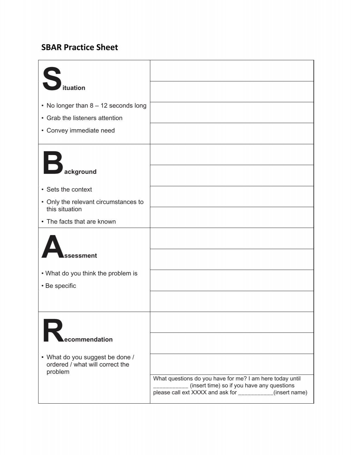 Sbar Practice Sheet intended for Free Printable Sbar Template
