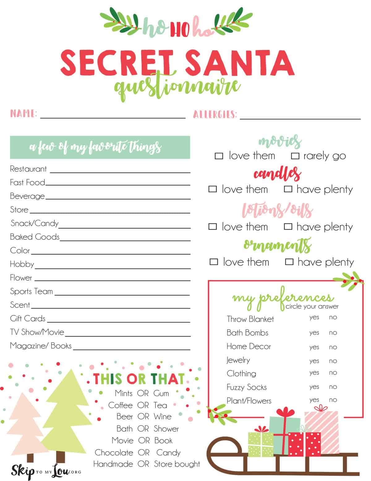 Secret Santa Questionnaire | Skip To My Lou with Free Printable Secret Pal Form