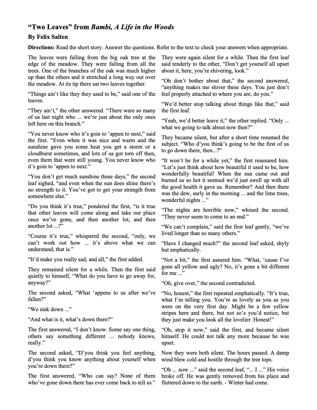 Short Stories With Questions | Ereading Worksheets regarding Free Printable Short Stories with Comprehension Questions