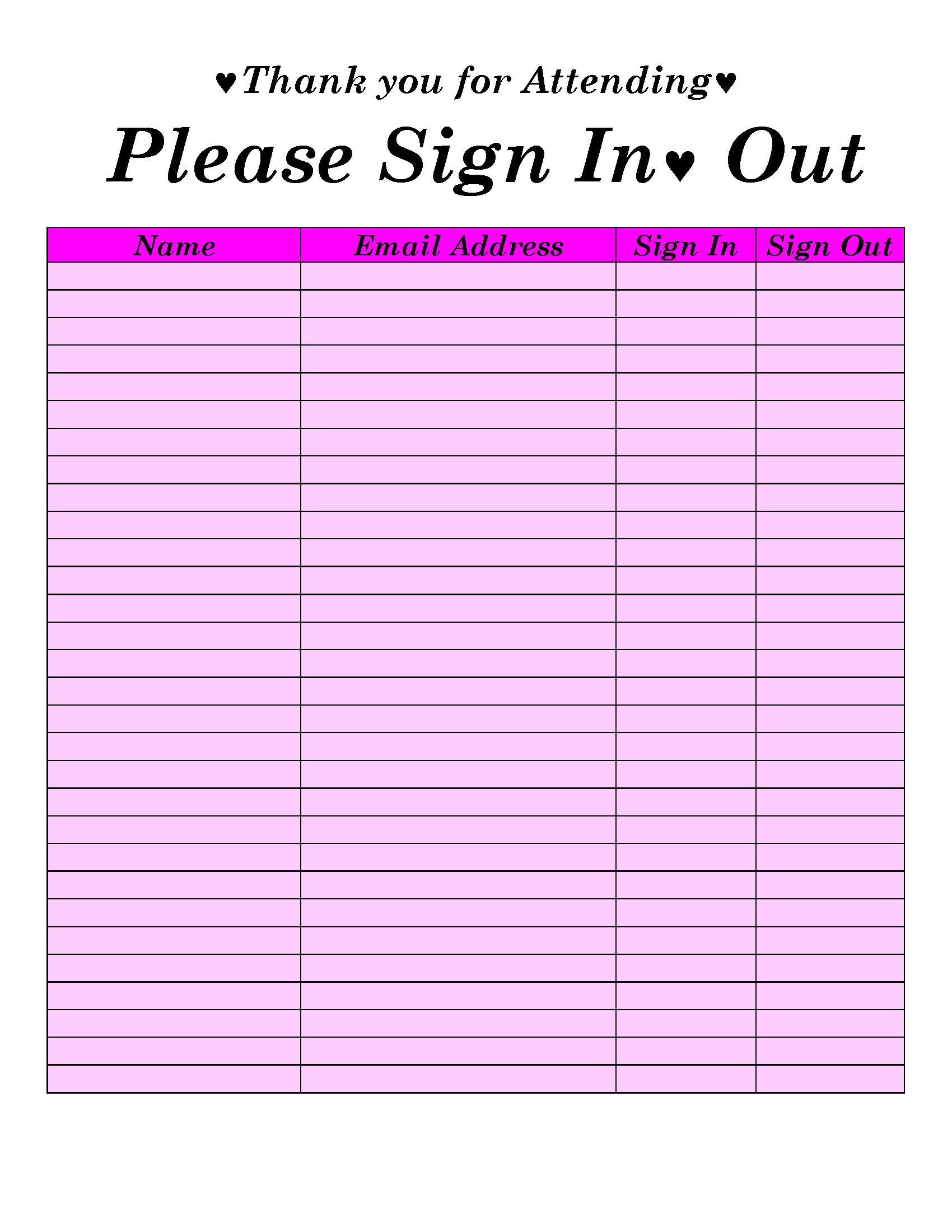 Sign In Sign Out Sheet Template - Printable Sign In And Sign Out in Free Printable Sign In And Out Sheets