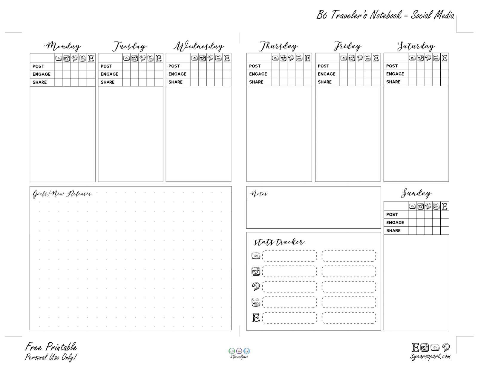Social Media Planner Inserts | Free Printable For Traveler&amp;#039;S in Free B6 Printables