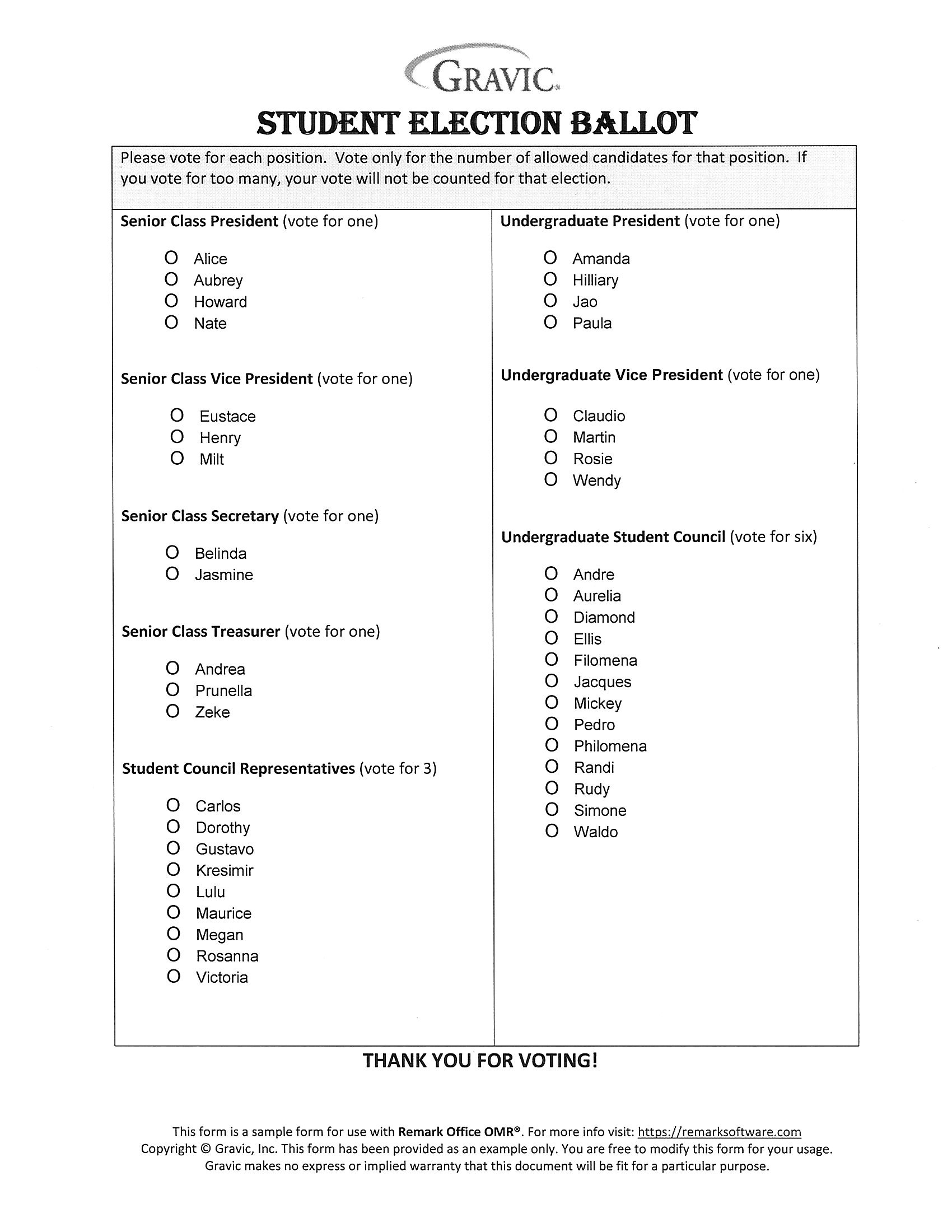 Student Election Ballot · Remark Software throughout Free Editable Voting Ballot Template