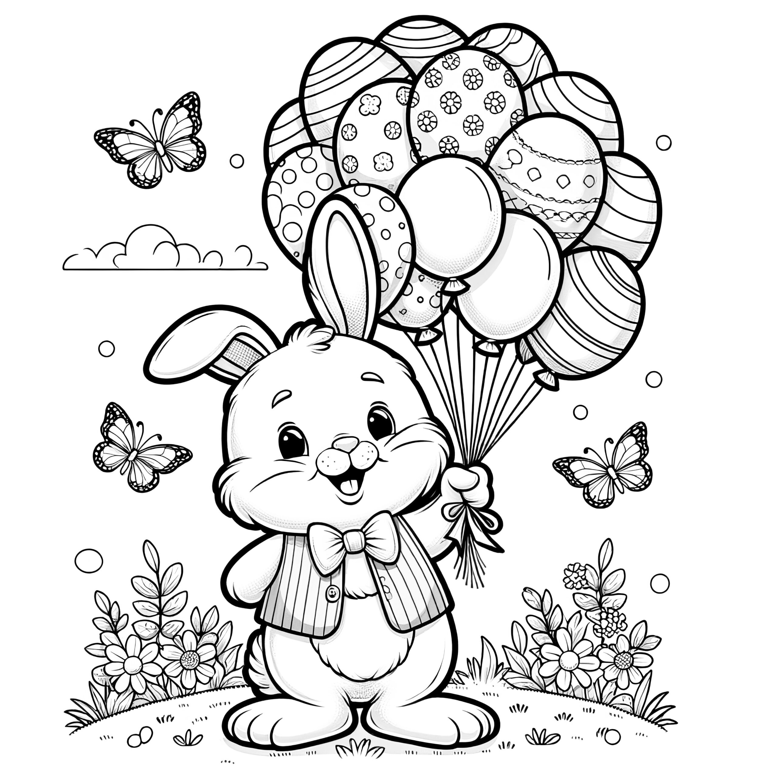 Stylish Easter Bunny With Balloons And Butterflies: Coloring Page for Free Printable Easter Bunny Clipart Black and White