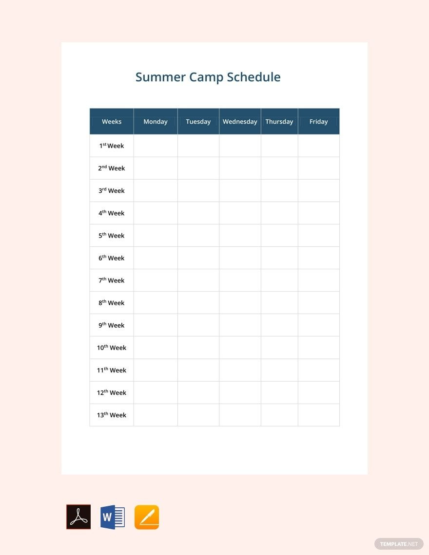 Summer Camp Schedule Template In Pdf, Word, Pages, Google Docs intended for Free Summer Camp Schedule Template