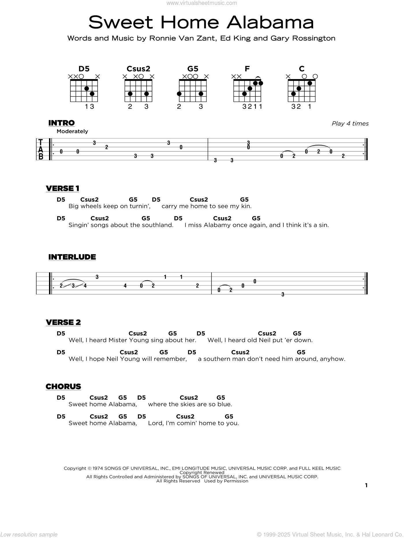 Sweet Home Alabama Sheet Music (Beginner) For Guitar Solo (Pdf) with regard to Beginner Free Guitar Sheet Music For Popular Songs Printable
