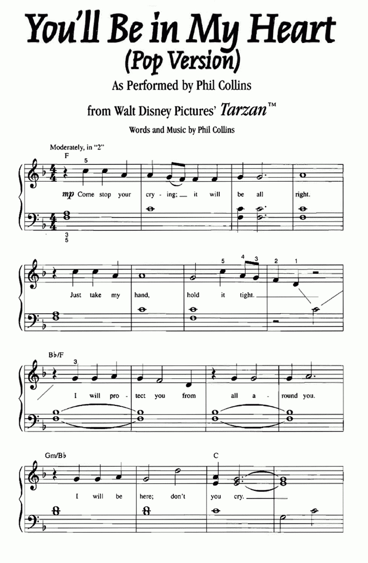 Tarzan You&amp;#039;Ll Be In My Heart Easy Piano Sheet Music | Easy Sheet Music intended for Free Printable Disney Piano Music