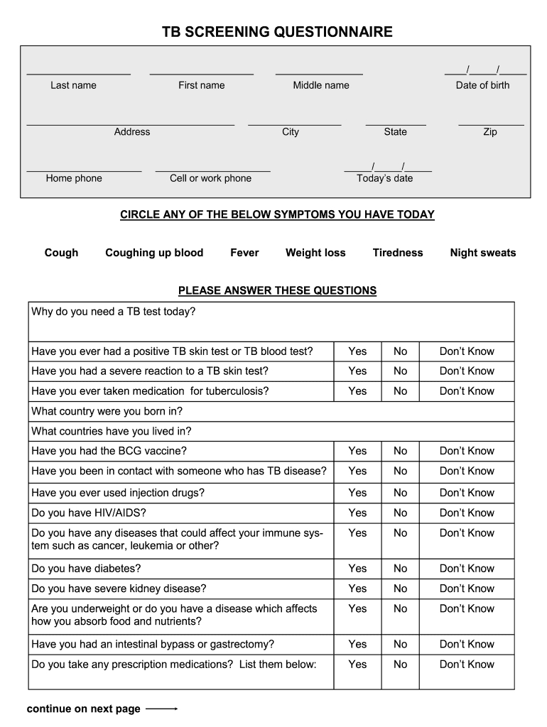 Tb Screening Questionnaire Form - Fill Online, Printable, Fillable in Free Printable Tb Forms