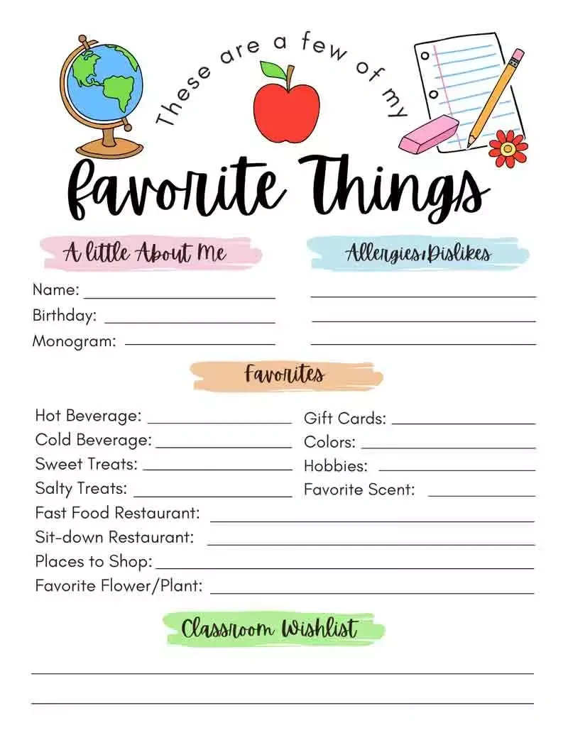 Teacher Favorite Things Form Printable - Printable Party Favors inside Teacher Favorite Things Template Editable Free