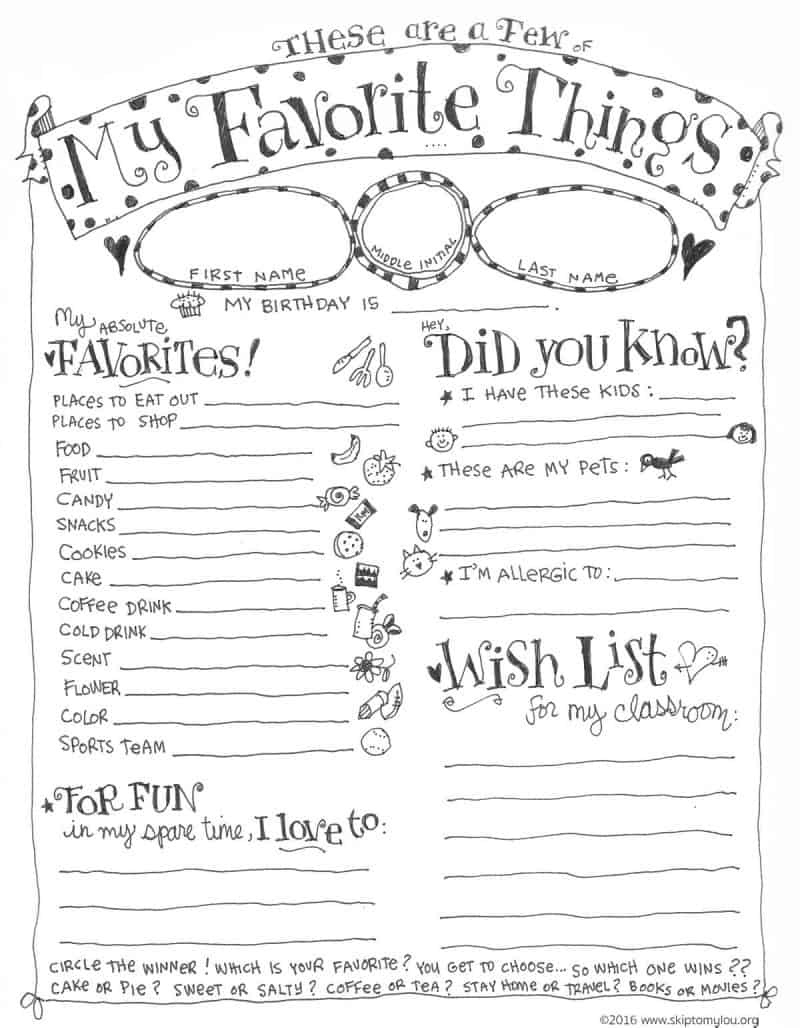 Teacher Favorite Things Questionnaire Printable | Skip To My Lou for Teacher Favorite Things Template Editable Free
