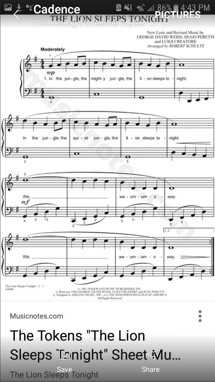The Lion Sleeps Tonight (Lion King) in Free Printable Piano Sheet Music For The Lion Sleeps Tonight