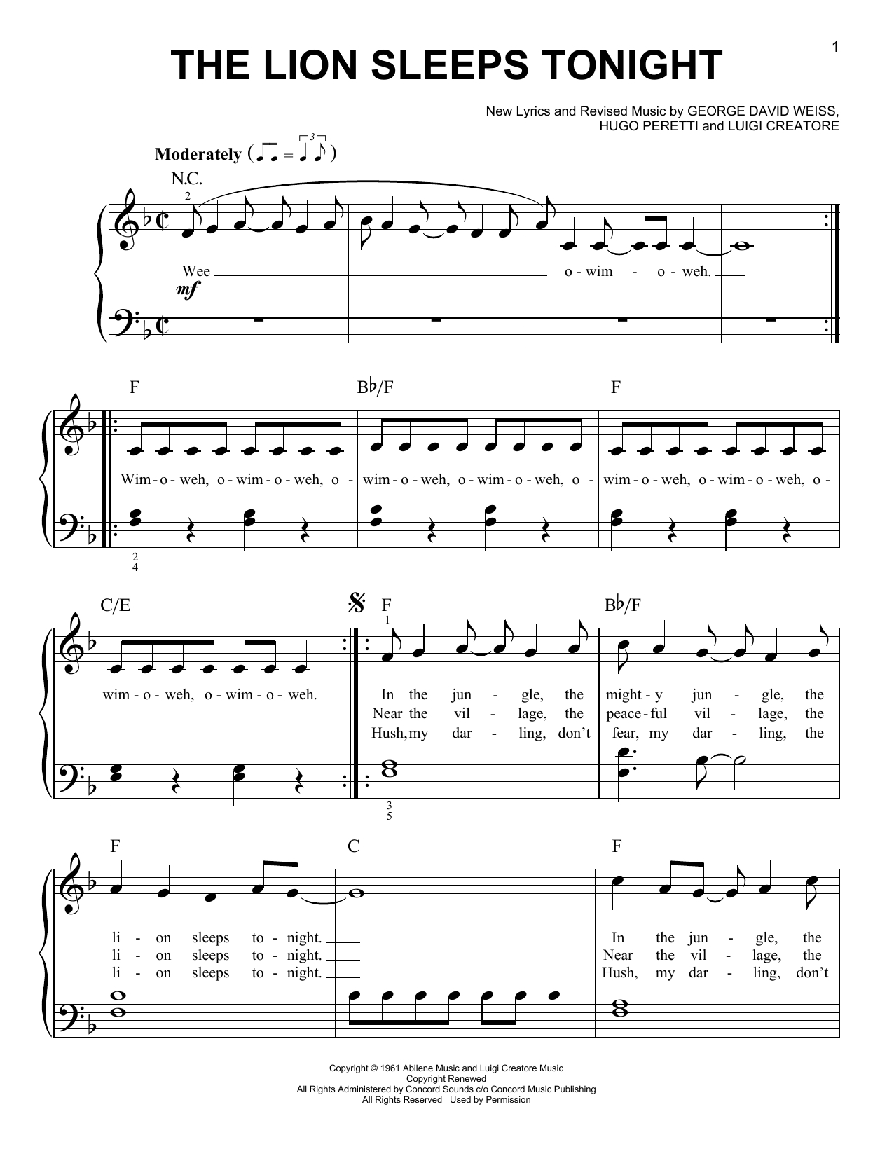 The Lion Sleeps Tonighttokens Sheet Music For Easy Piano At intended for Free Printable Piano Sheet Music For the Lion Sleeps Tonight