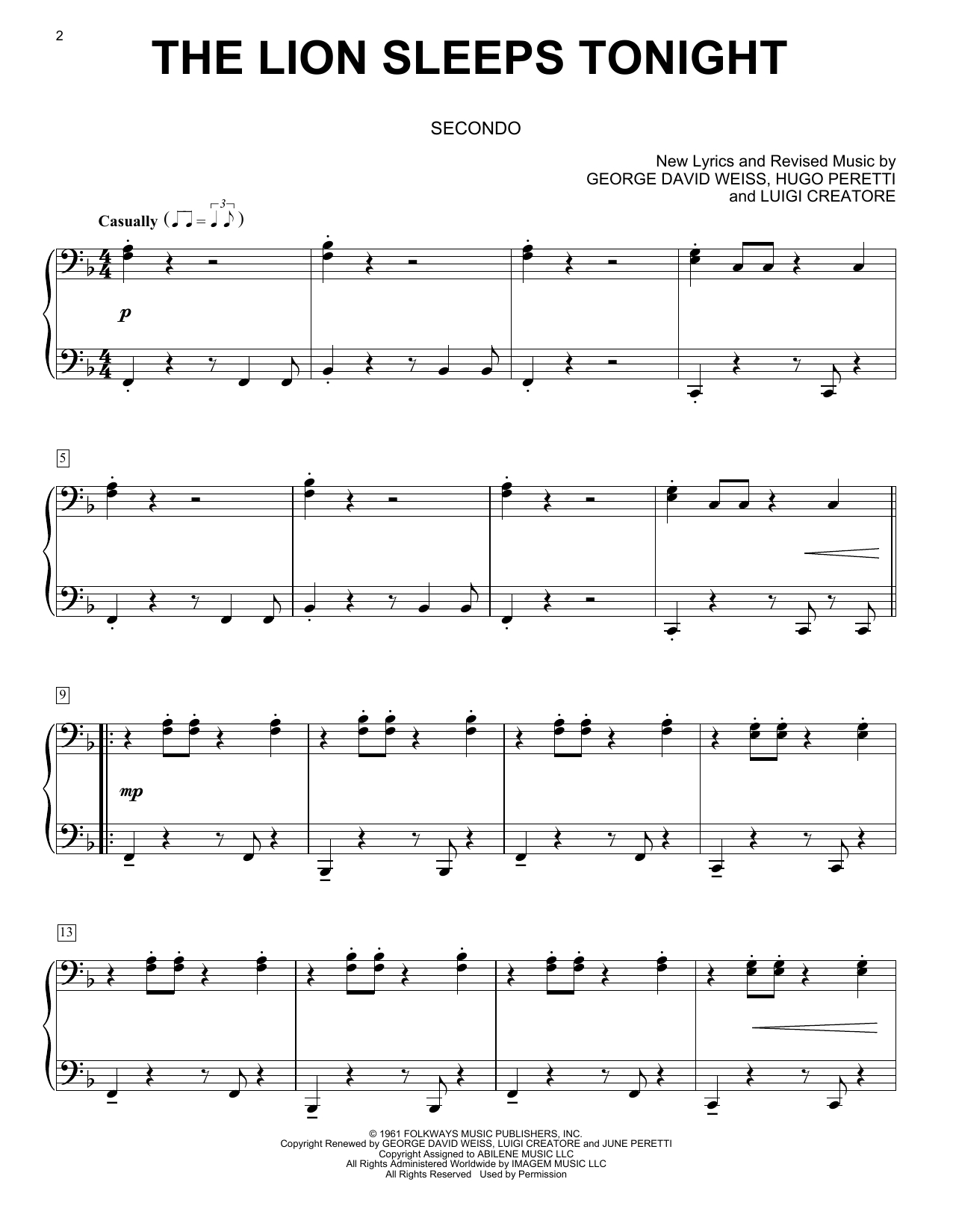 The Lion Sleeps Tonighttokens Sheet Music For Piano Duet At throughout Free Printable Piano Sheet Music For The Lion Sleeps Tonight