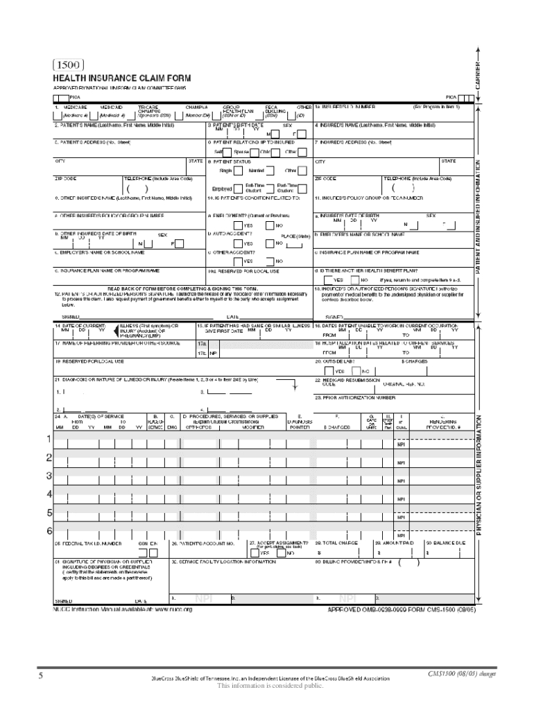 Tn Cms-1500 Form - Fill Online, Printable, Fillable, Blank - Pdffiller inside Free Health Insurance Claim Form 1500 Template