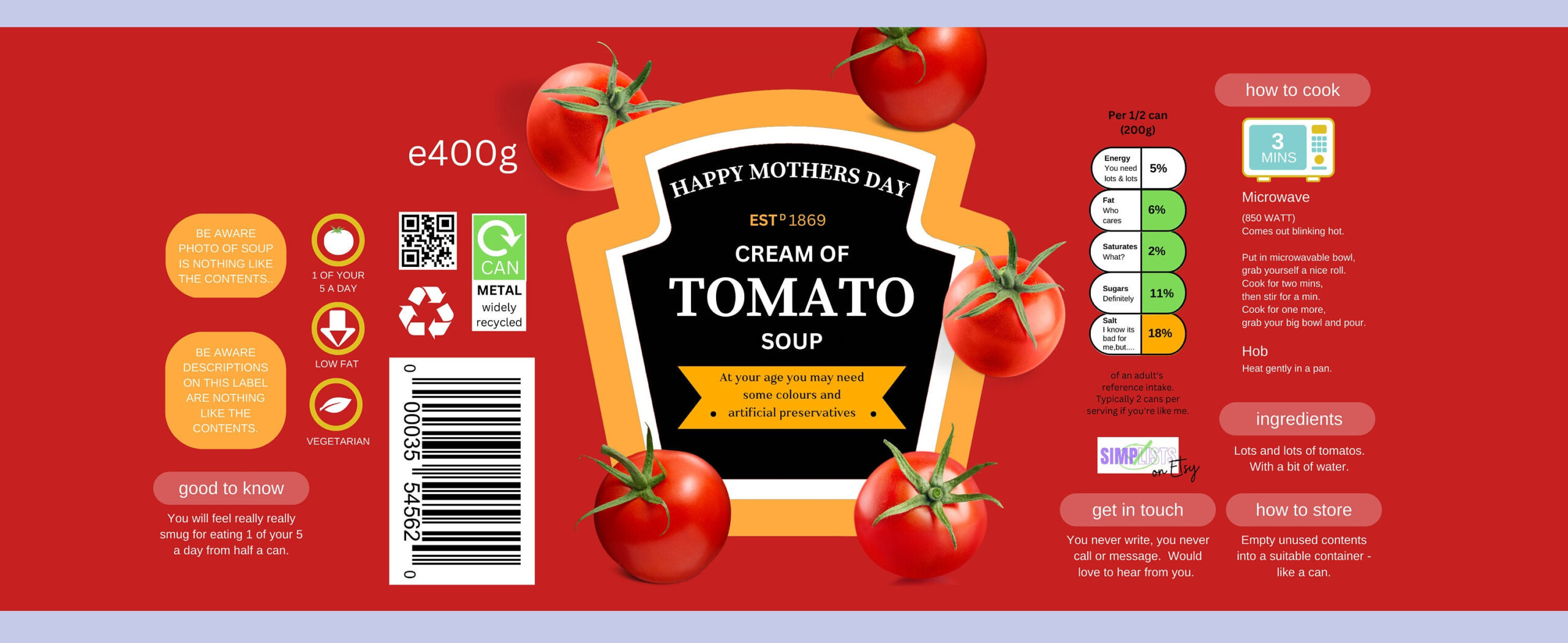 Tomato Soup Can Label - Mothers Day - Pdf Instant Digital Download with Free Soup Can Label Template