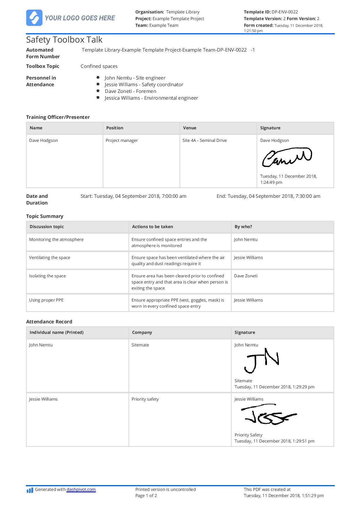 Toolbox Talk Template: Printable, Free Download As Pdf pertaining to Free Printable Osha Toolbox Talks