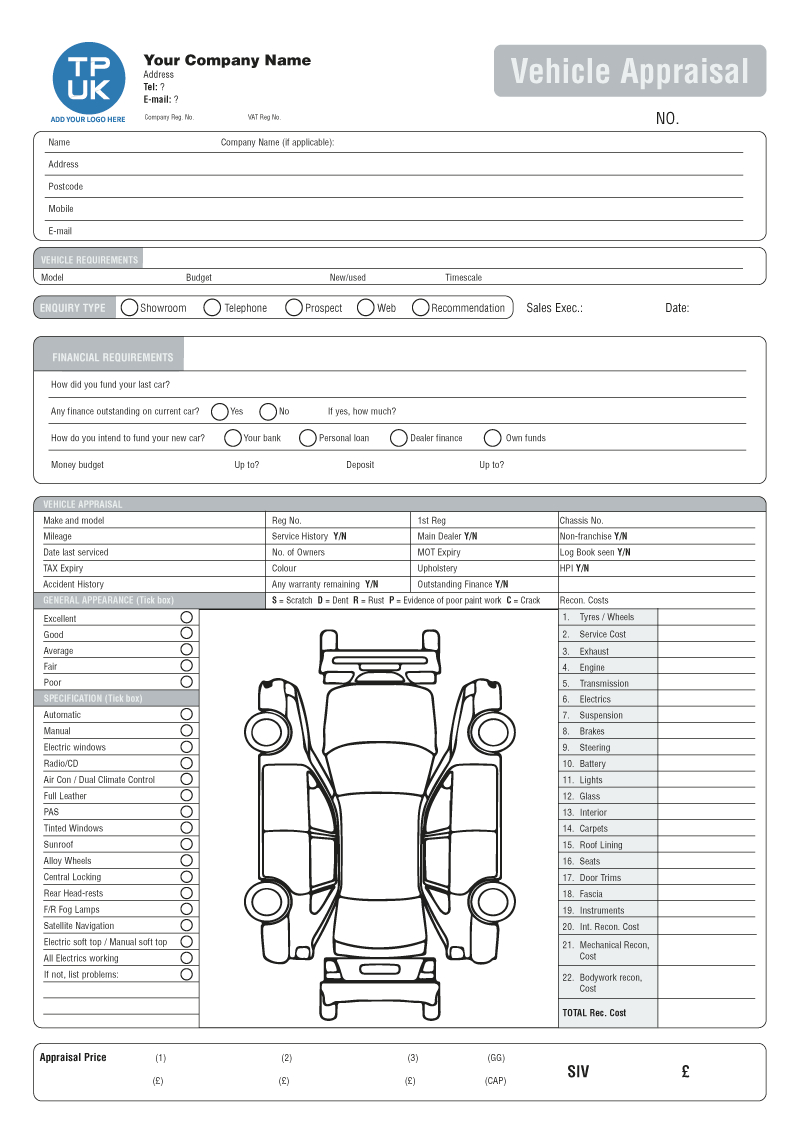 Used Car Vehicle Appraisal Template | Printed From £54 with regard to Free Printable Vehicle Appraisal Form