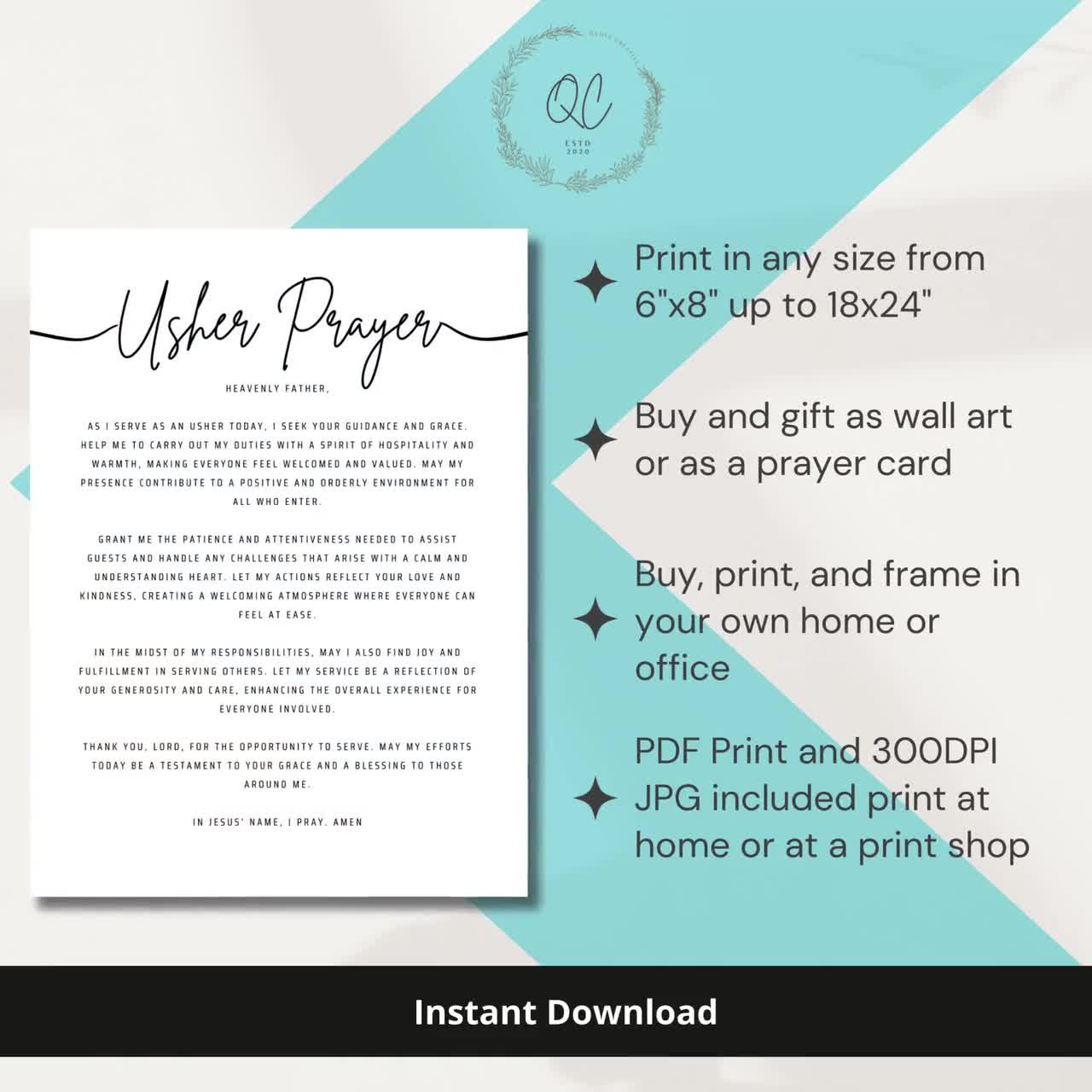 Usher Prayer Wall Art Printable Christian Poster Decor Home Or Church Office Digital Print Prayer Usher Appreciation Gift Usher Gifts inside Printable Basic Usher Hand Signals