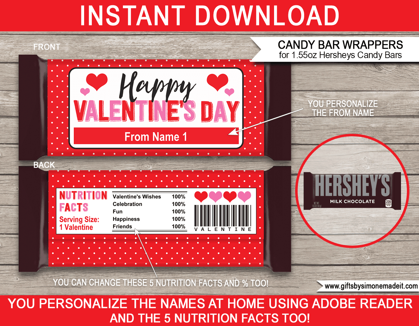 Valentine Candy Bar Wrappers (1.55Oz Hersheys) - Red Polkadot inside Free Candy Wrapper Template