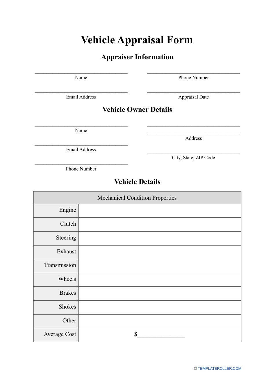 Vehicle Appraisal Form - Fill Out, Sign Online And Download Pdf regarding Free Printable Vehicle Appraisal Form