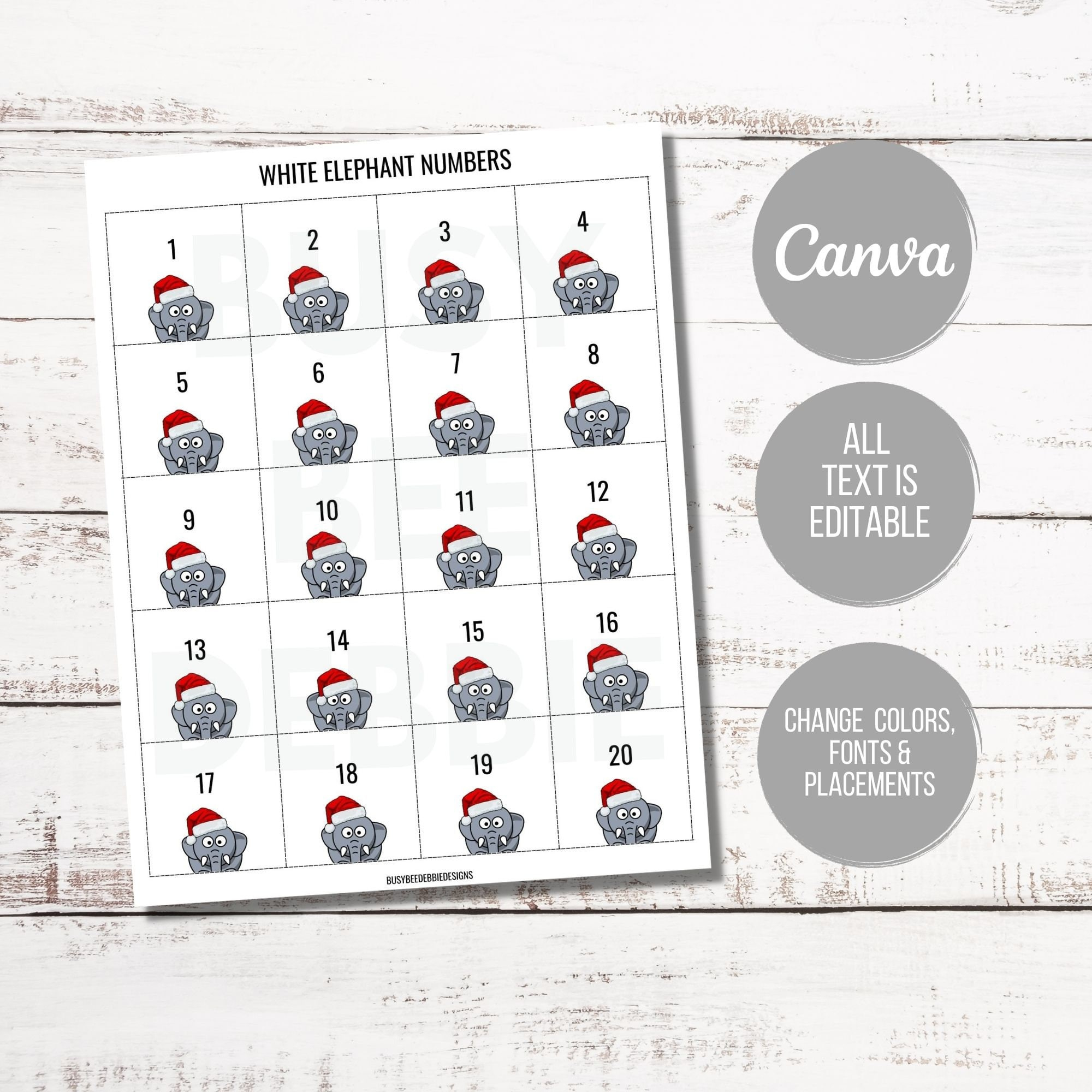 White Elephant Gift Exchange Printable Numbers | Editable Download for White Elephant Number Cards Printable