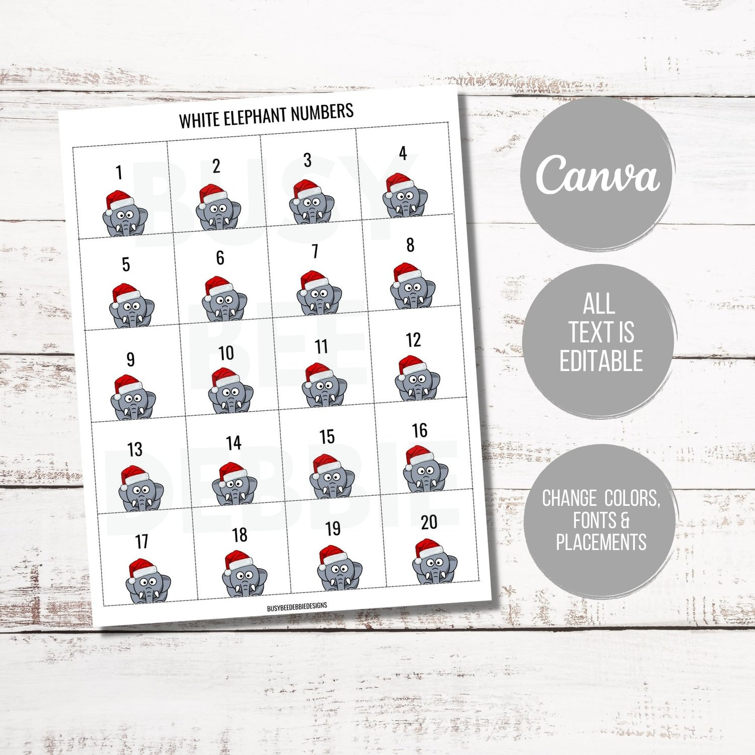 White Elephant Gift Exchange Printable Numbers | Editable Download in Free Printable White Elephant Number Template