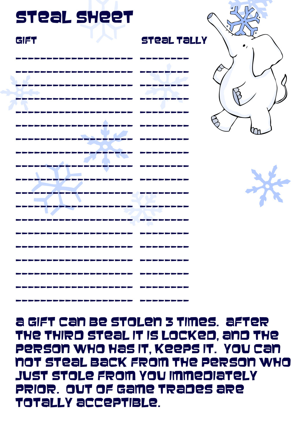 White Elephant Steal Tally Sheet With Instructions – Dabbled with regard to White Elephant Cut Out Printable