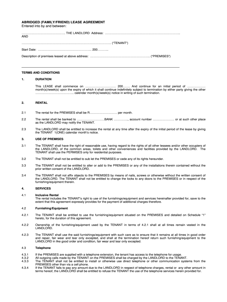 Za Abridged Familyfriend Lease Agreement Form - Fill Online within Free Simple Residential Lease Agreement Template South Africa
