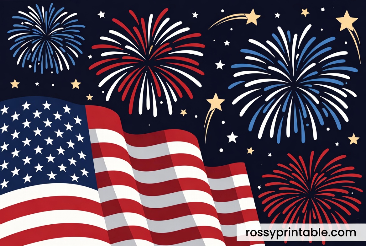4th of July Flag, Star and Fireworks Clipart (1)