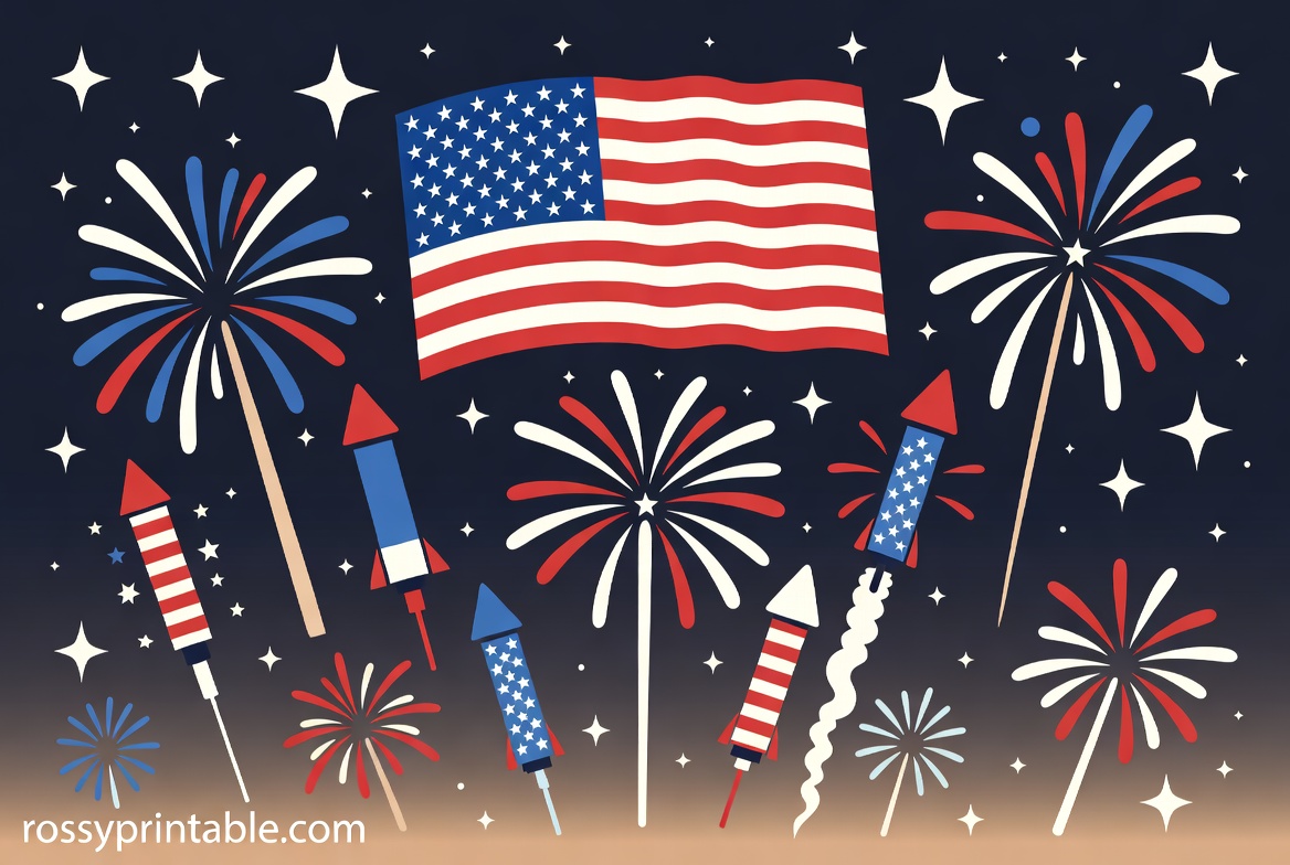 4th of July Flag, Star and Fireworks Clipart (3)