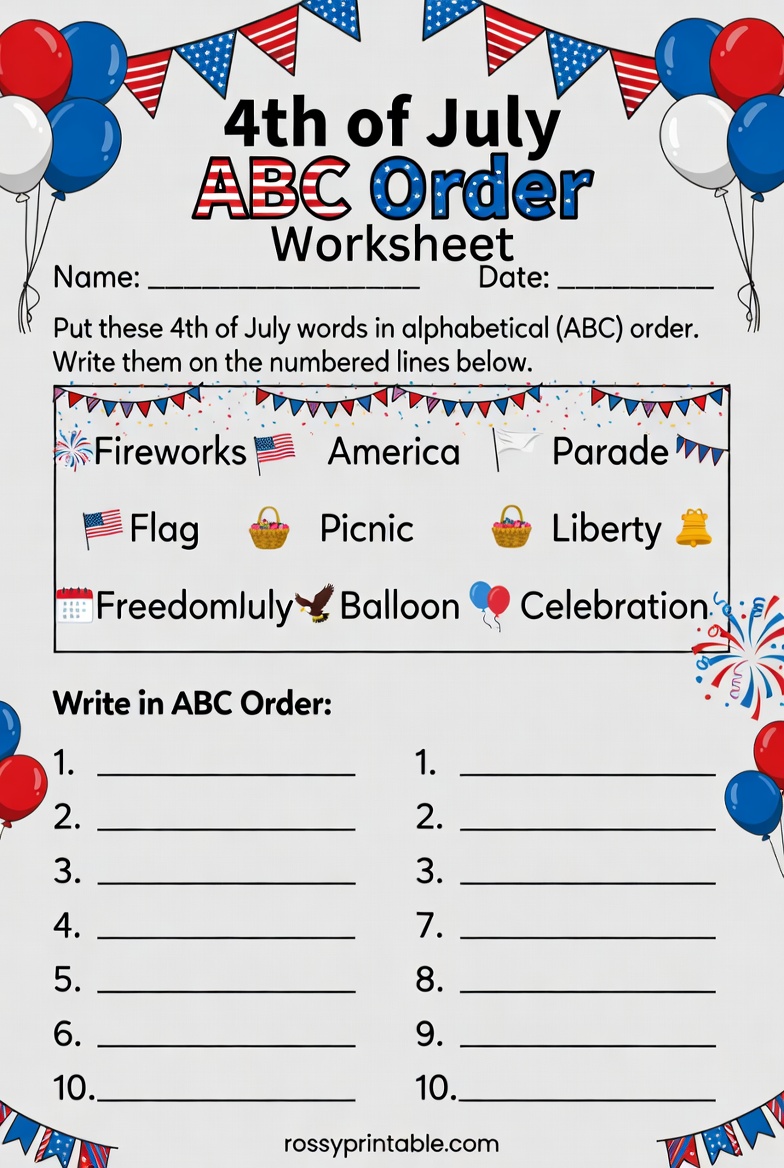 Printable 4th of July ABC Order Worksheet 2 Printable 4th of July ABC Order Worksheet (2)