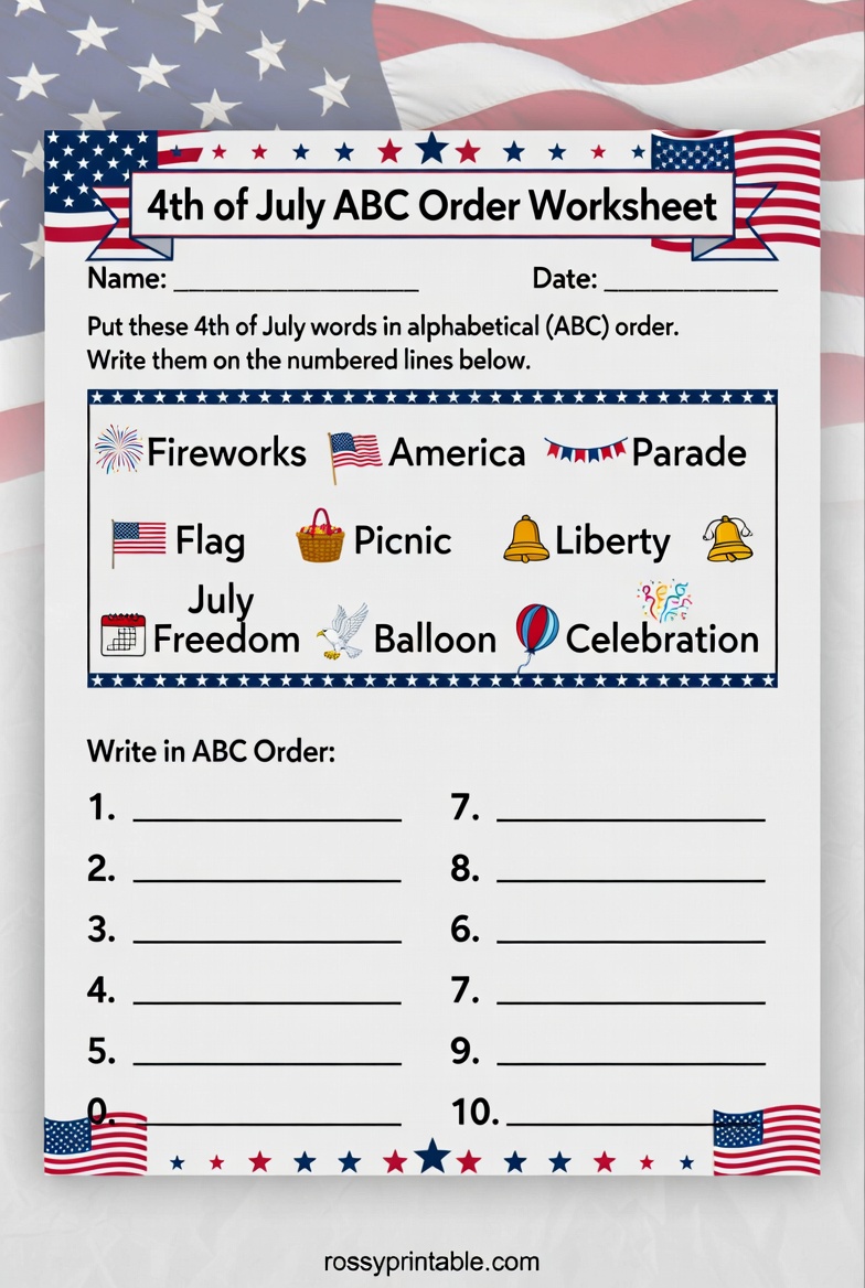 Printable 4th of July ABC Order Worksheet 4 Printable 4th of July ABC Order Worksheet (4)