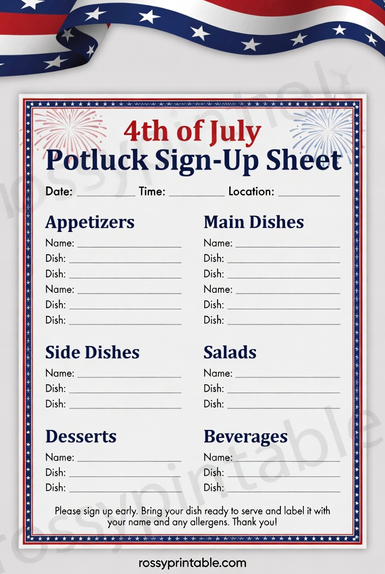 Printable 4th of July Potluck Sign Up Sheet 1 Printable 4th of July Potluck Sign-Up Sheet (1)