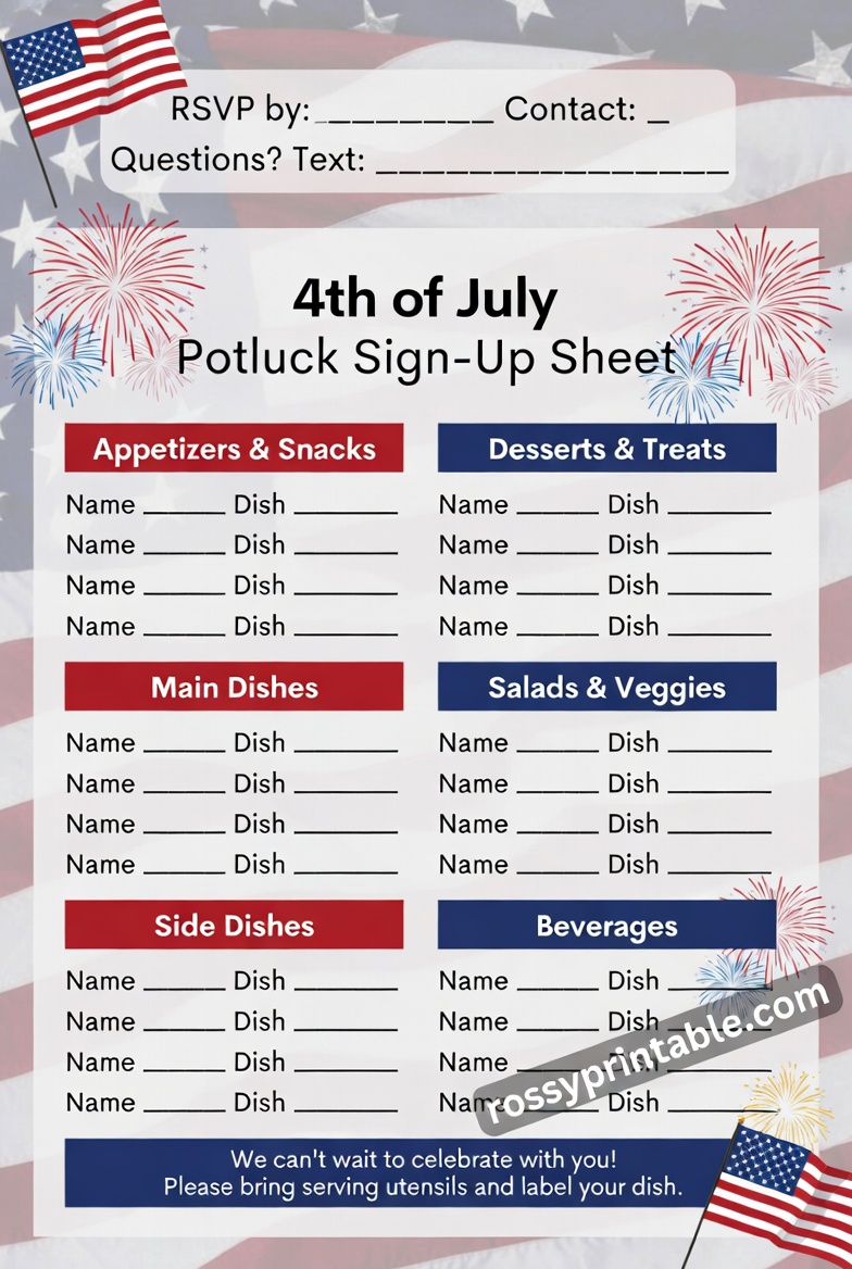 Printable 4th of July Potluck Sign Up Sheet 2 Printable 4th of July Potluck Sign-Up Sheet (2)