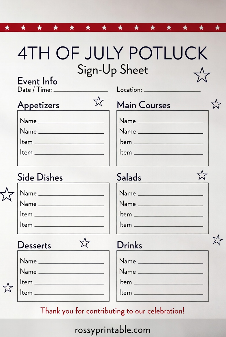 Printable 4th of July Potluck Sign Up Sheet 3 Printable 4th of July Potluck Sign-Up Sheet (3)